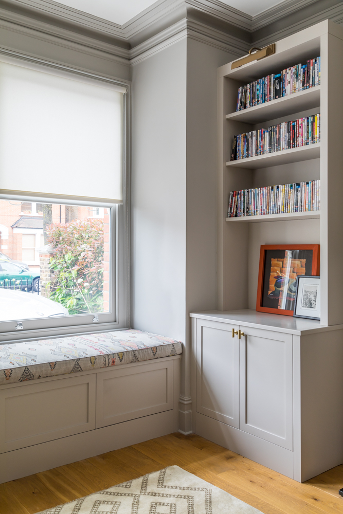 jonathan bond, interior photographer, built in bookcase with cabinet, ealing, london