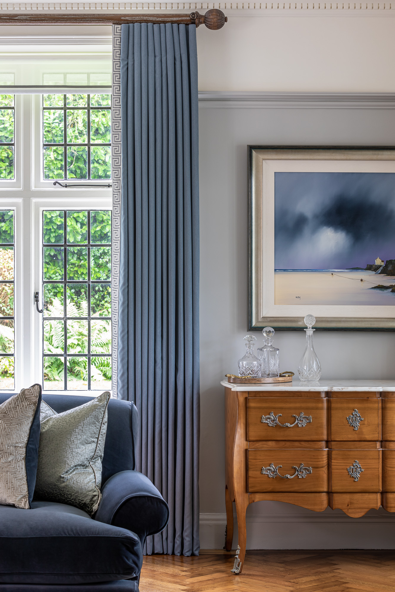 jonathan bond, interior photographer, living room view of blue curtains, great missenden, buckinghamshire