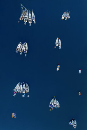 yachts moored on bouys from the air